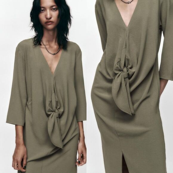 ZARA Fluid Knot Sage Green 3/4 Sleeve Draped Pleated Front Slit Midi Dress M - Picture 2 of 13